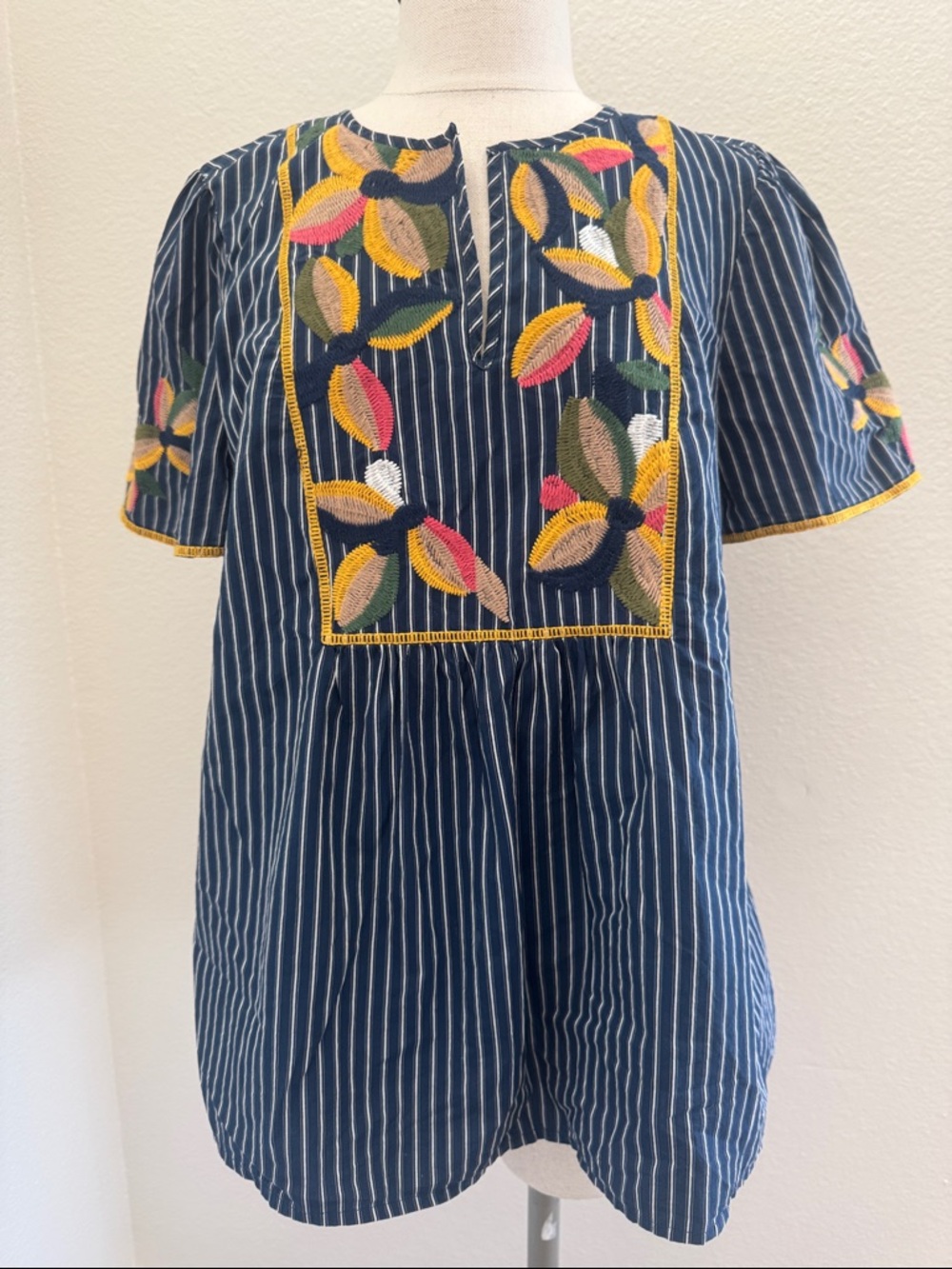 MADEWELL Fable Navy Pinstripe Tunic with Colorful Leaf Embroidery
